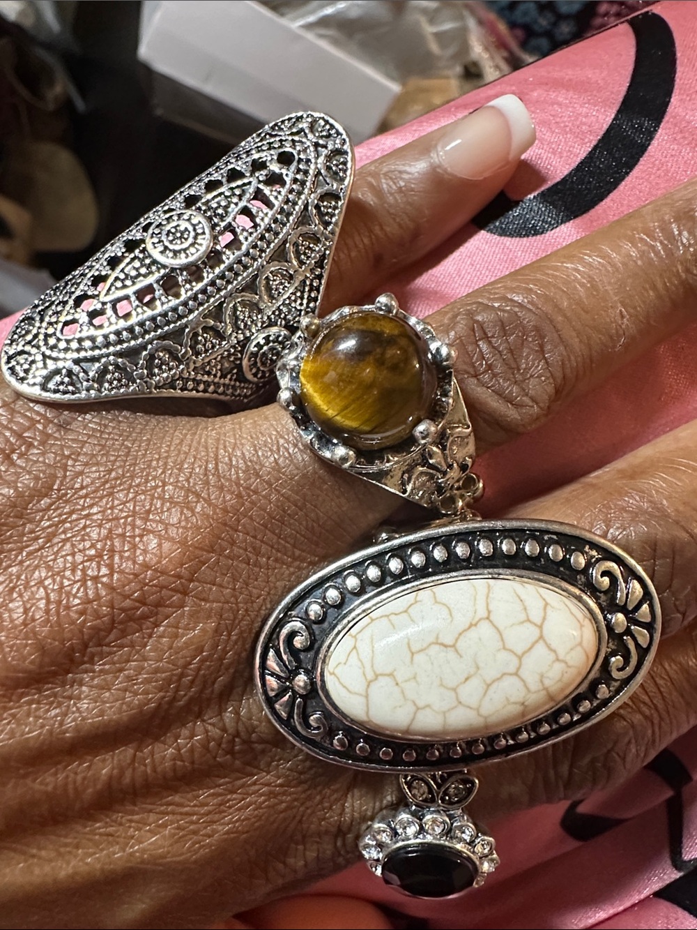 4 PCS Silver-Tone Multi-Stone Women Ring in Brown tiger eye,Black,Cream,silver